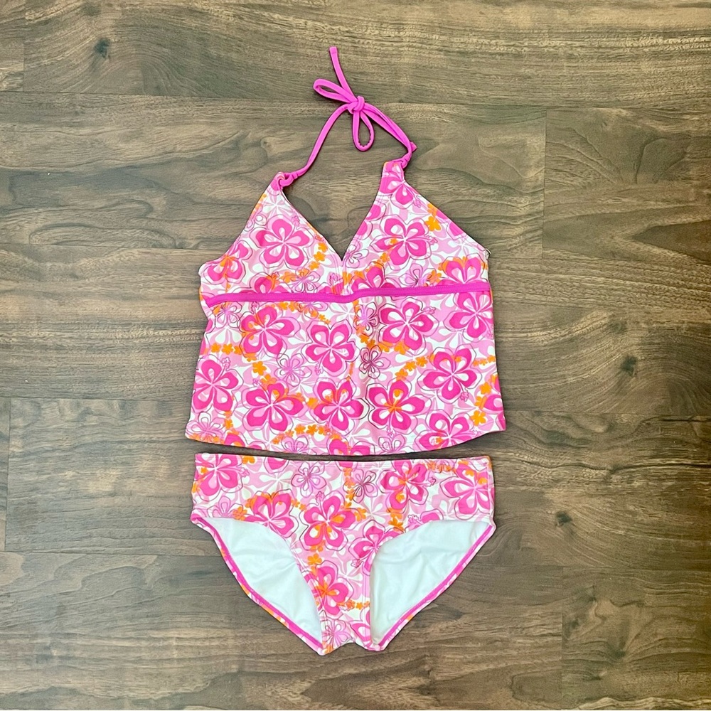 Xhilaration 2 Piece Tropical Floral Pink Swimsuit Bikini Girl’s Size XL (14-16)